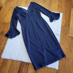 Monique Lhuillier Dress Women's 10 Navy Blue Flounce V-Neck Lined